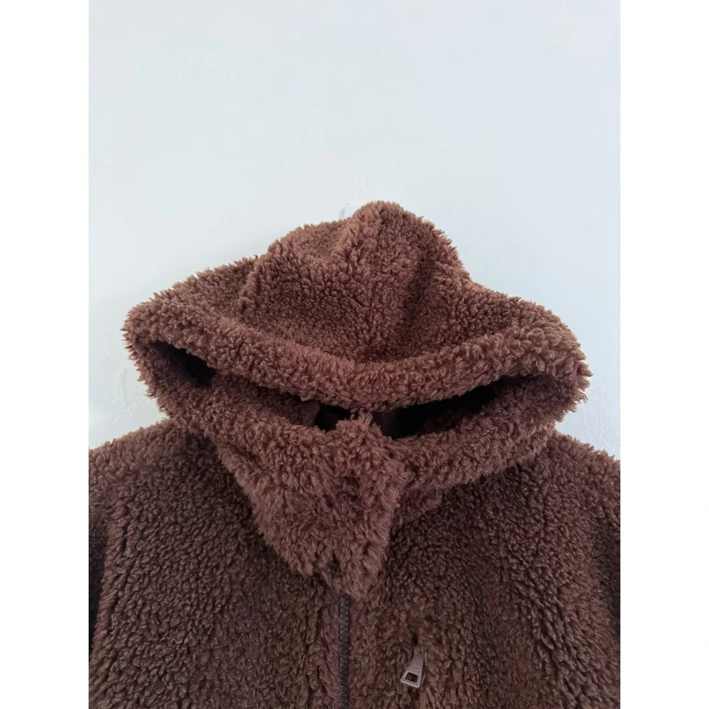 Beyond Yoga Brown Teddy Fleece Bomber Jacket Detachable Hood Womens Medium